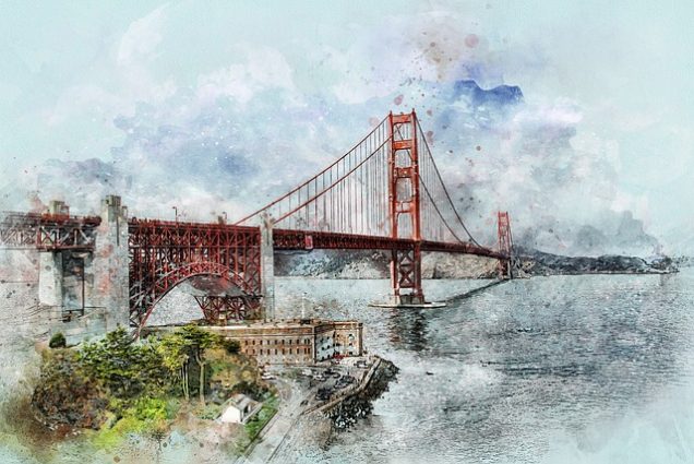 A watercolor painting of the golden gate bridge in San Francisco.