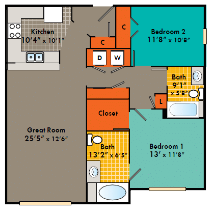 A floor plan of a two bedroom apartment available for rent in Fayetteville, NC.