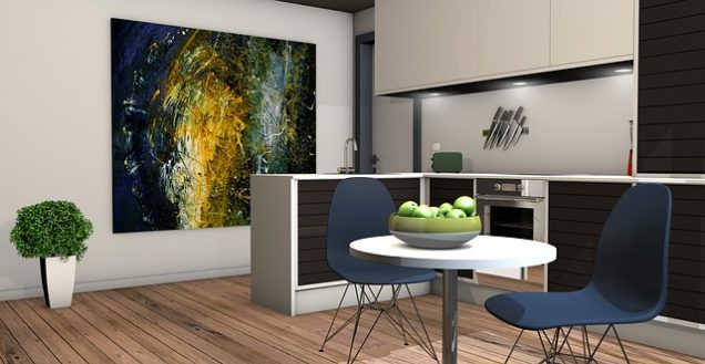 A 3d rendering of a kitchen with a painting on the wall in Fayetteville NC apartments.