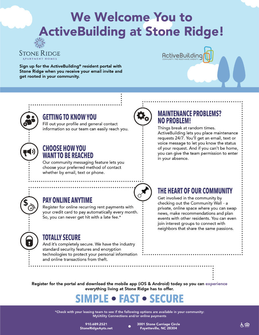 Apartments in Fayetteville, North Carolina A welcome poster for ActiveBuilding at Stone Ridge, detailing services for residents: account setup, maintenance request, bill payment, and community involvement. Icons and short descriptions included. Stone Ridge Apartments in Fayetteville 3001 Stone Carriage Circle Fayetteville, NC 28304