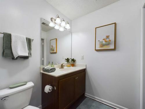 Apartments in Fayetteville, North Carolina A clean bathroom with a sink, wooden vanity, mirror, toilet, mounted towel rack, framed wall art, and overhead light fixture.